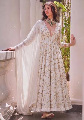 White Embroidered Crepe Anarkali with Dupatta