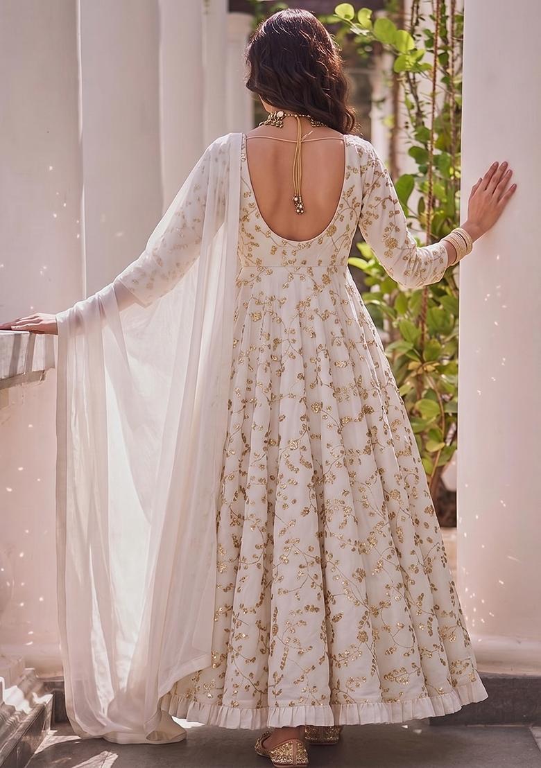 White Embroidered Crepe Anarkali with Dupatta - Indya