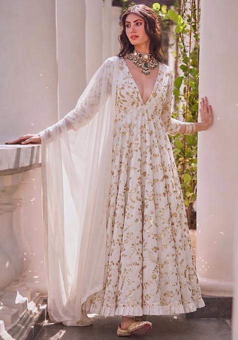 White Embroidered Crepe Anarkali with Dupatta