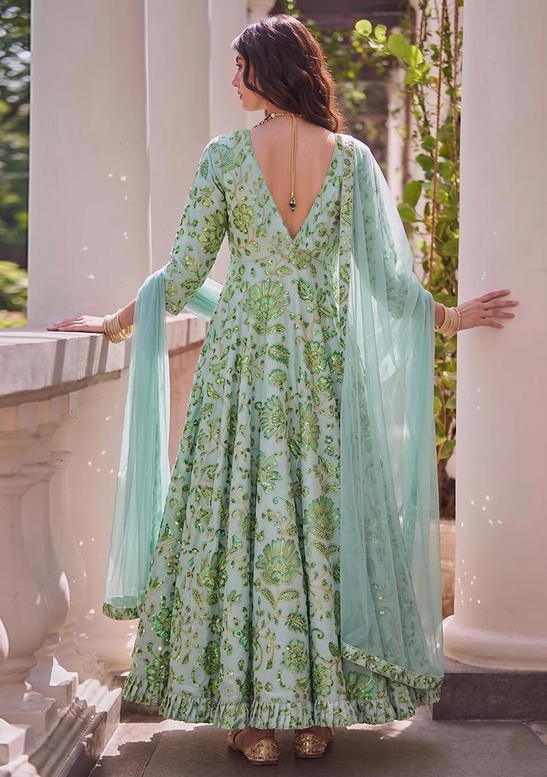 Light Blue Printed Crepe Anarkali with Dupatta - Indya