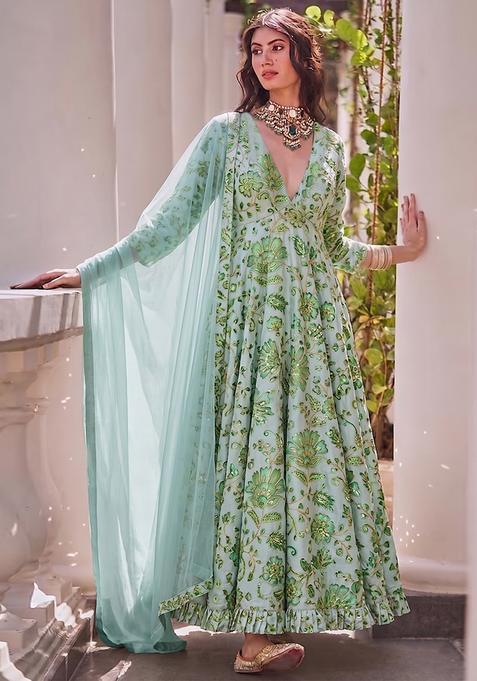 Light Blue Printed Crepe Anarkali with Dupatta