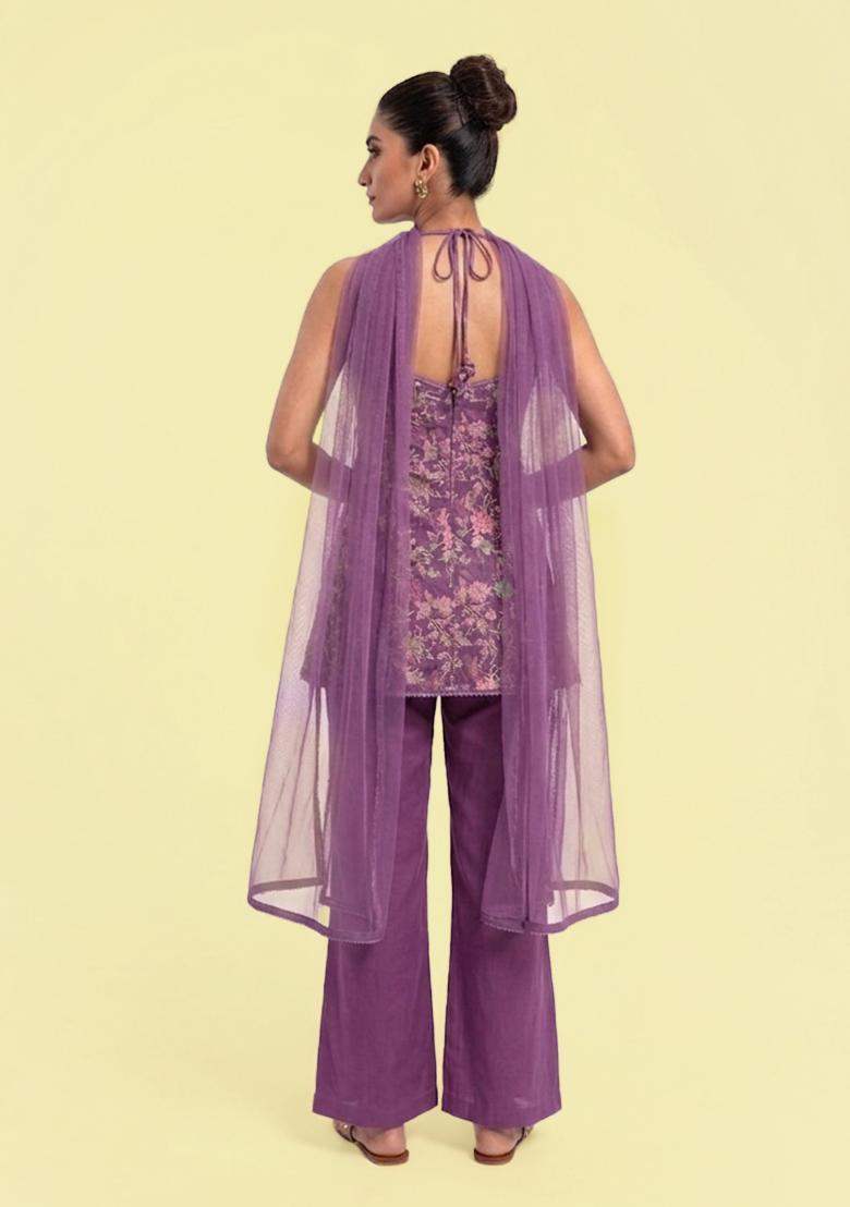 Purple Printed Crepe Sharara Set - Indya