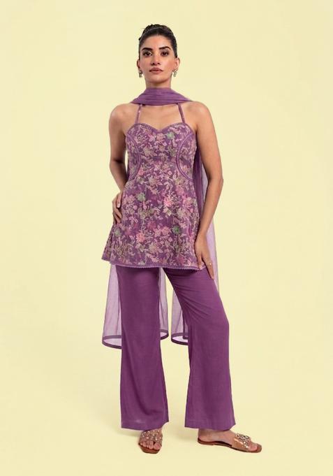 Purple Printed Crepe Sharara Set