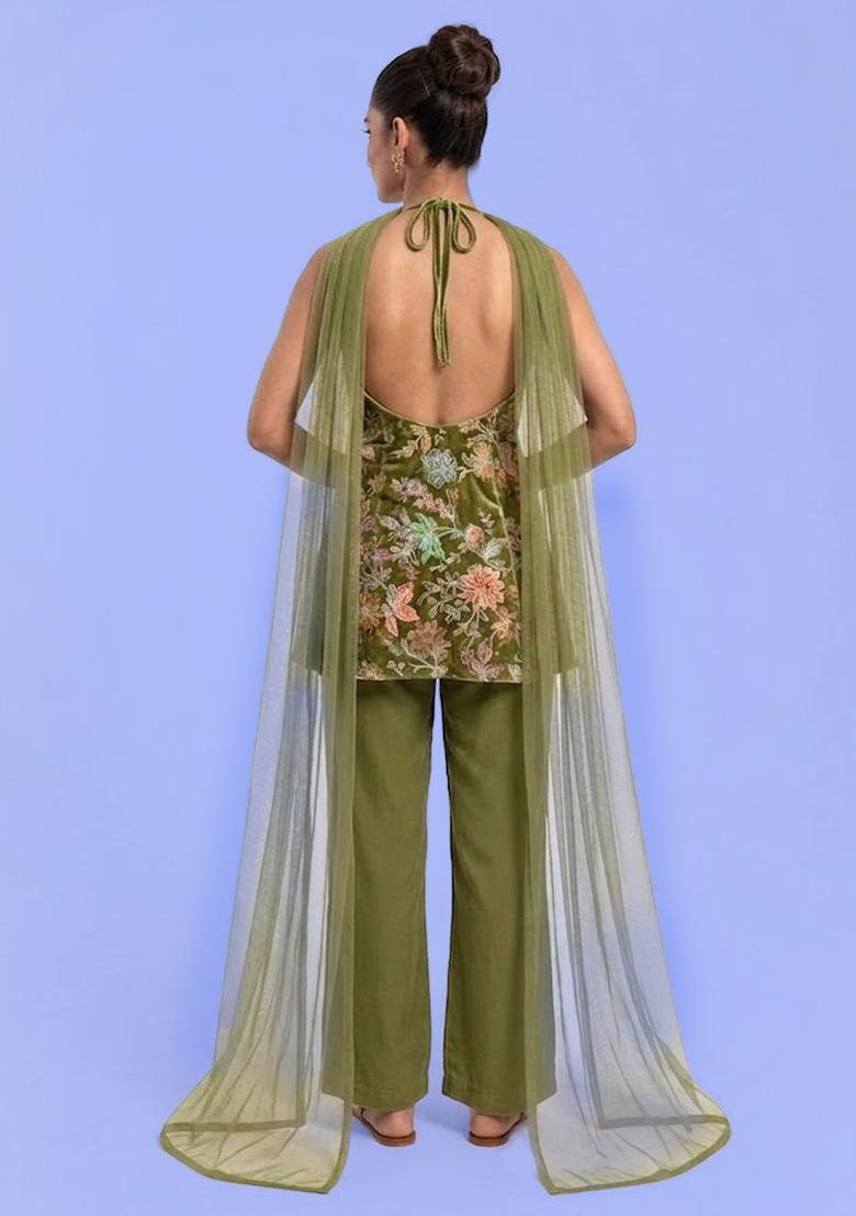 Green Printed Crepe Sharara Set - Indya