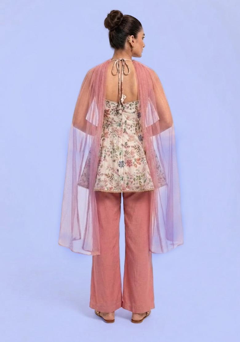 Baby Pink Printed Crepe Sharara Set - Indya