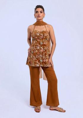 Brown Printed Crepe Sharara Set