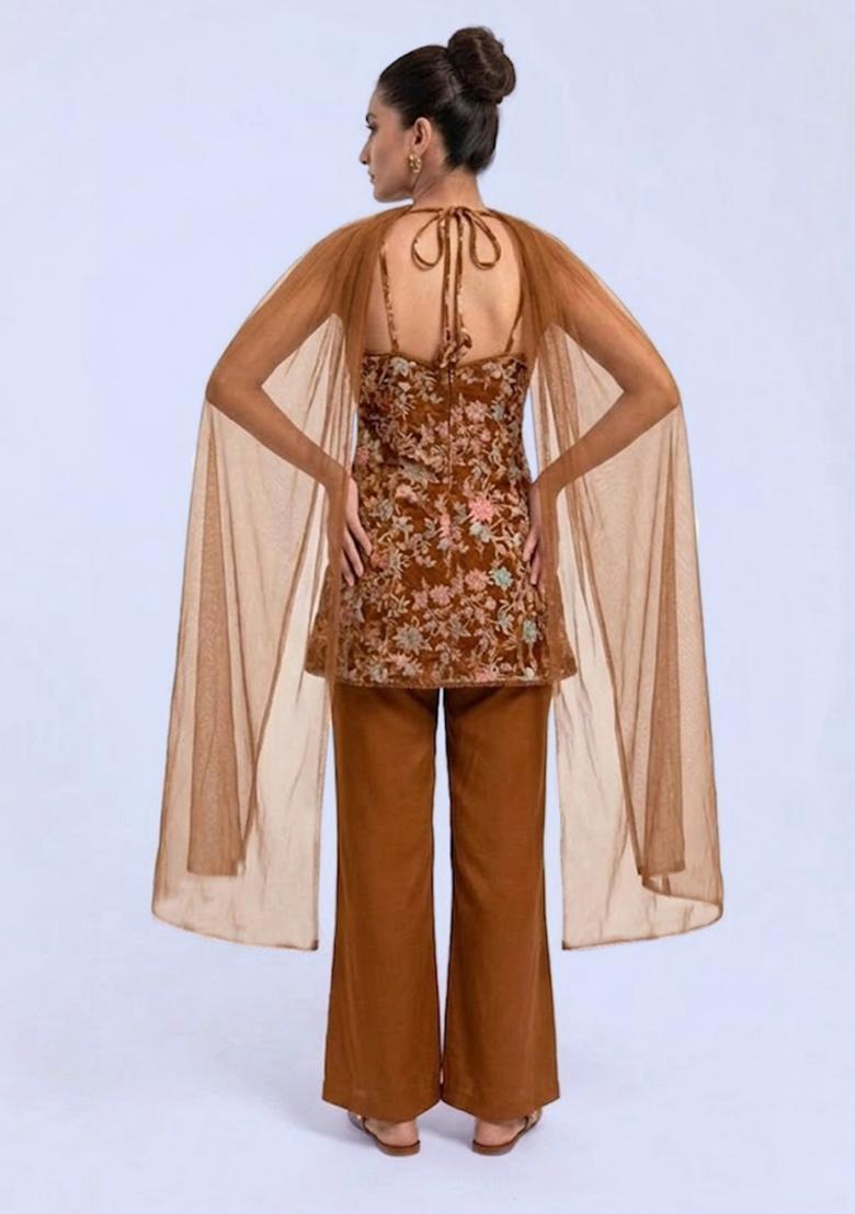 Brown Printed Crepe Sharara Set - Indya
