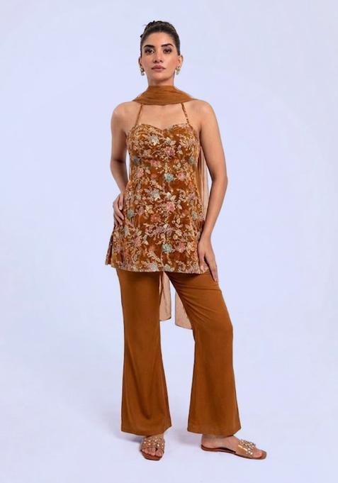 Brown Printed Crepe Sharara Set
