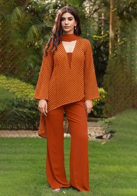 Rust Orange Printed Crepe Fusion Set