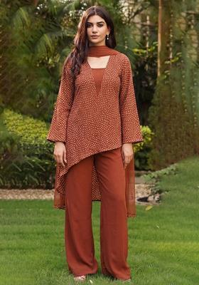 Brown Printed Crepe Fusion Set