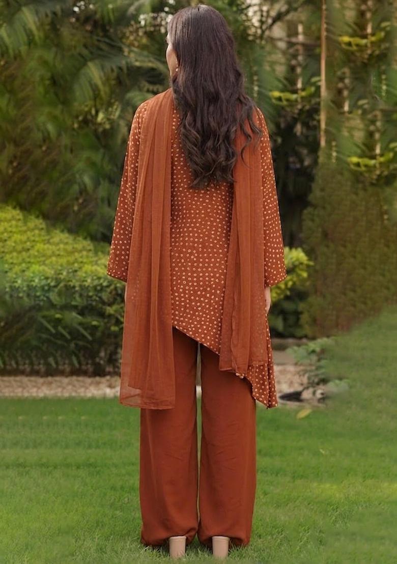 Brown Printed Crepe Fusion Set - Indya