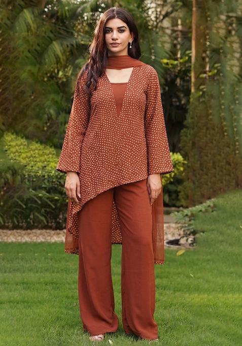 Brown Printed Crepe Fusion Set