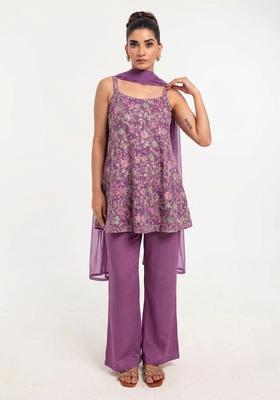 Mauve Purple Printed Crepe Kurta Set