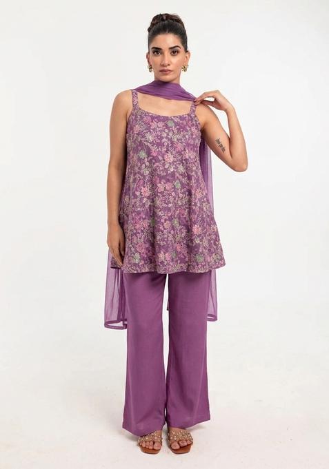Mauve Purple Printed Crepe Kurta Set