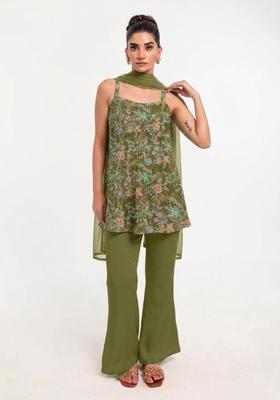 Green Printed Crepe Kurta Set