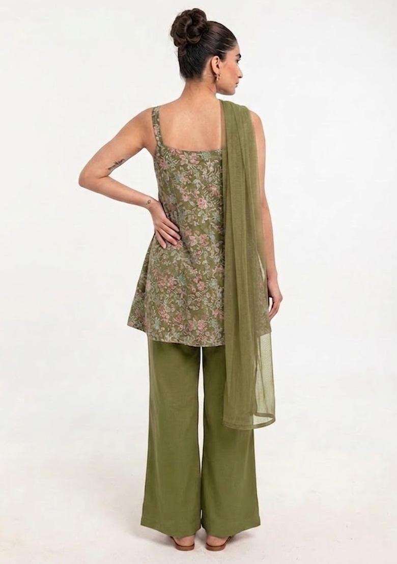 Green Printed Crepe Kurta Set - Indya