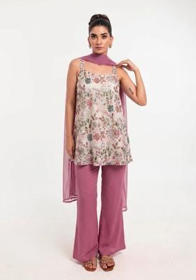 Baby Pink Printed Crepe Kurta Set