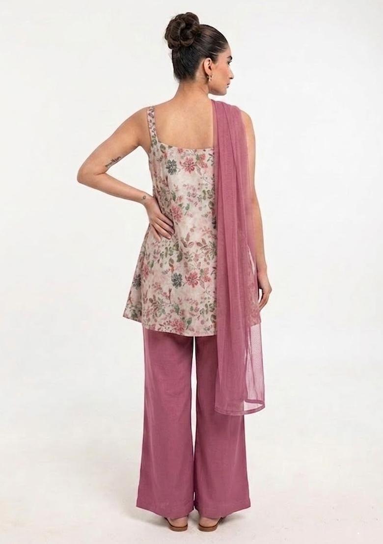 Baby Pink Printed Crepe Kurta Set - Indya