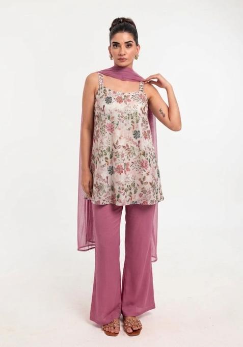 Baby Pink Printed Crepe Kurta Set