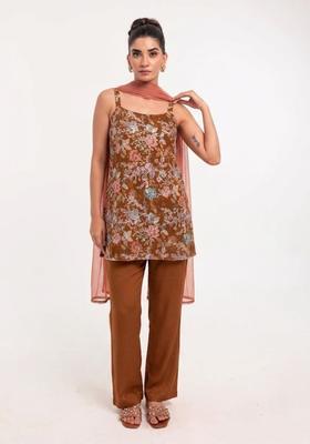 Brown Printed Crepe Kurta Set