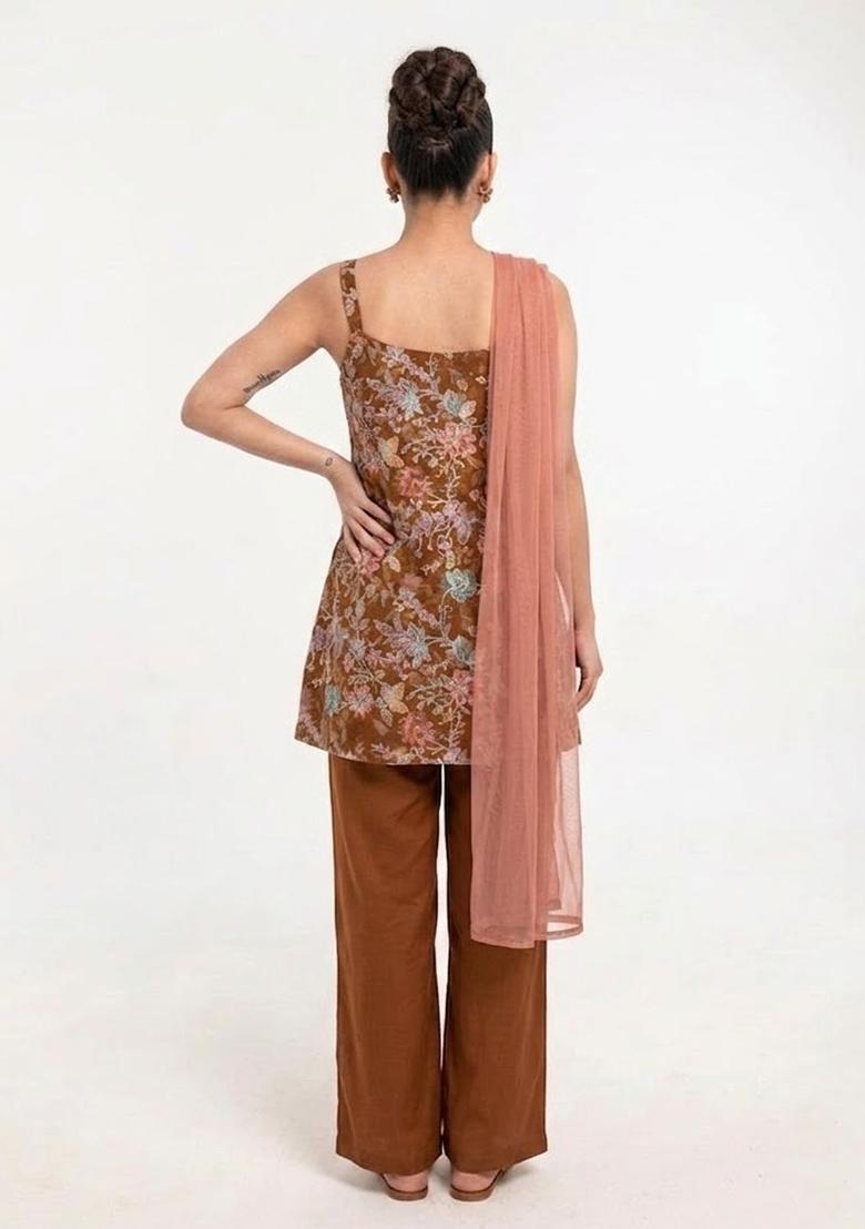 Brown Printed Crepe Kurta Set - Indya