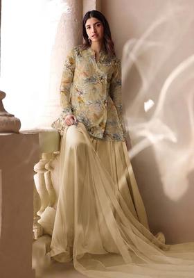 Beige Printed Organza Sharara Set