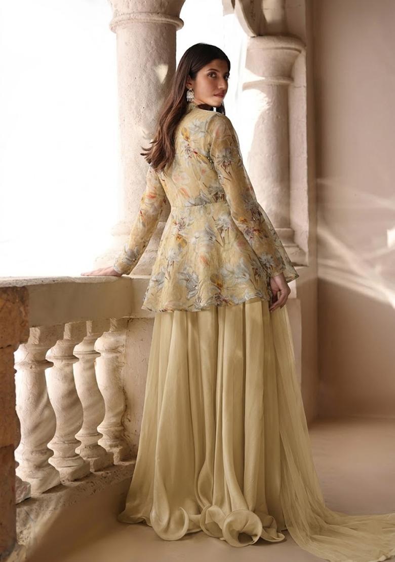 Beige Printed Organza Sharara Set - Indya