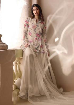 Off White Printed Organza Sharara Set