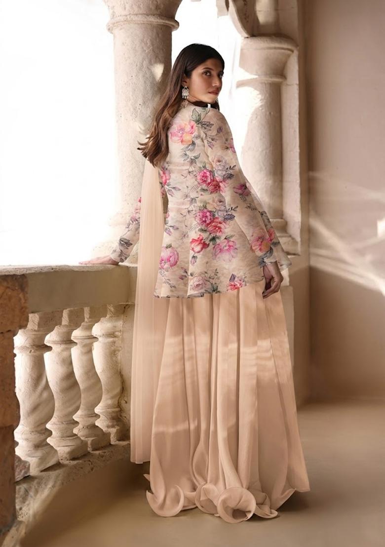 Off White Printed Organza Sharara Set - Indya