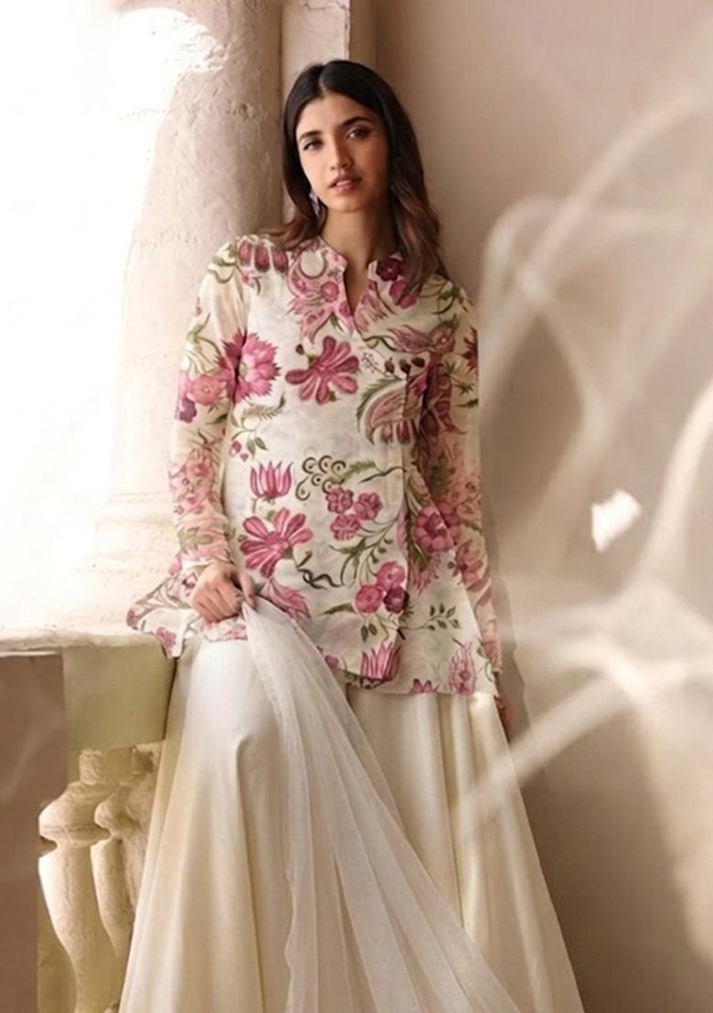 White Printed Organza Sharara Set - Indya