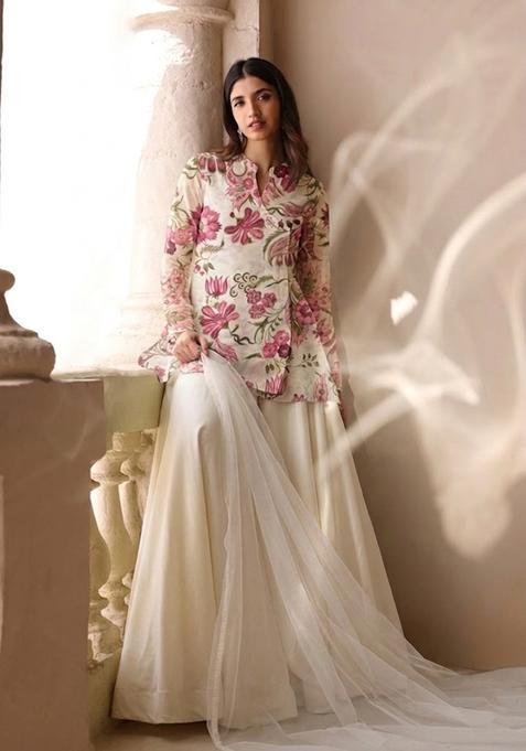 White Printed Organza Sharara Set