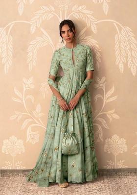 Mint Green Embroidered Tissue Anarkali with Dupatta
