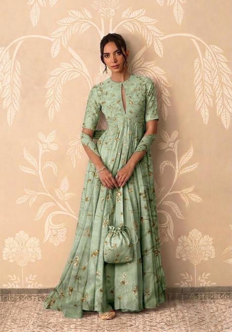 Mint Green Embroidered Tissue Anarkali with Dupatta