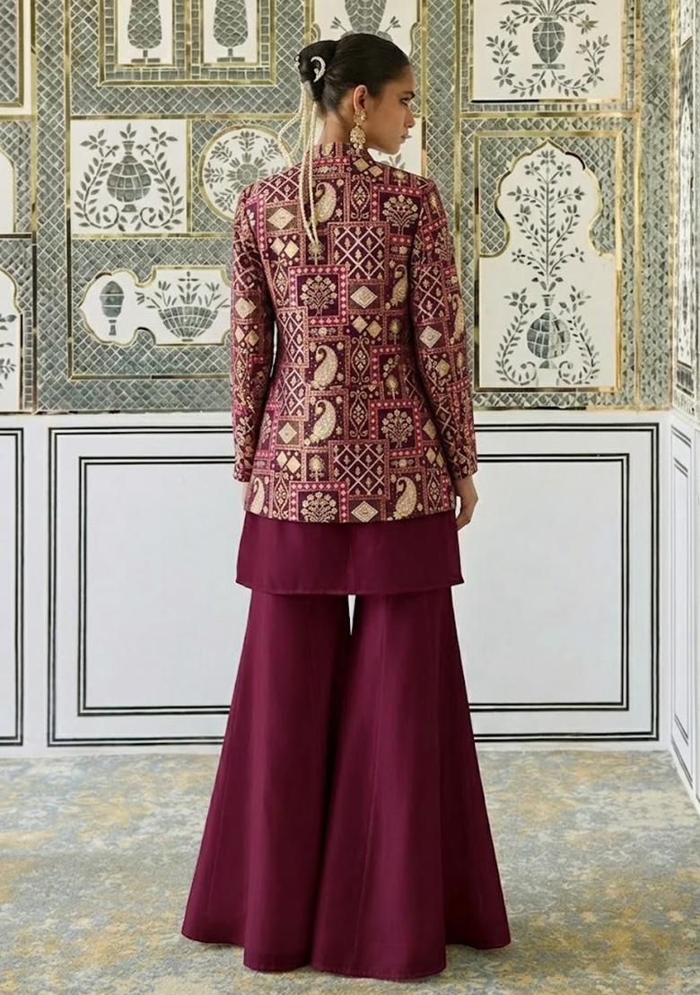 Maroon Printed Fusion Set - Indya