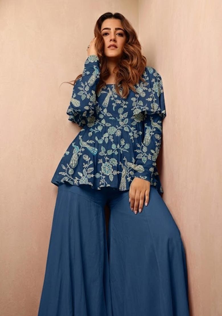 Teal Blue Printed Crepe Fusion Set - Indya