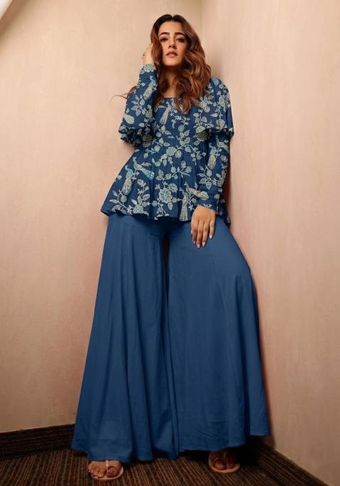 Teal Blue Printed Crepe Fusion Set