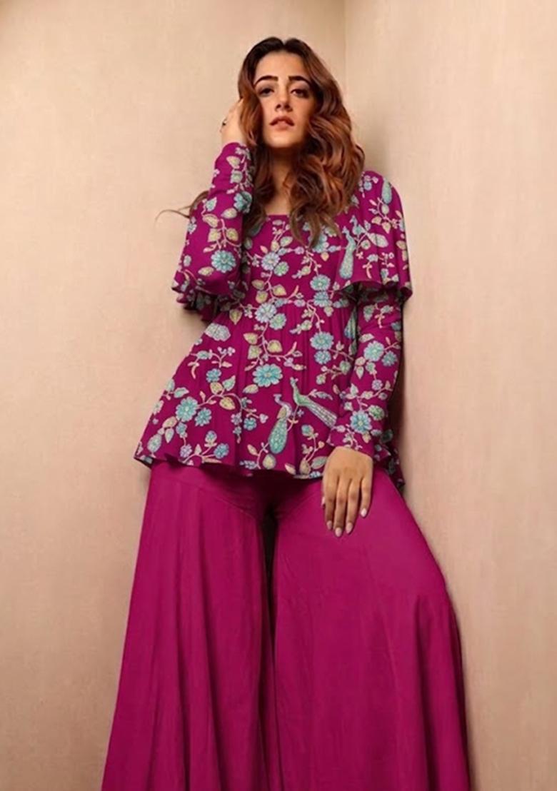 Dark Pink Printed Crepe Fusion Set - Indya