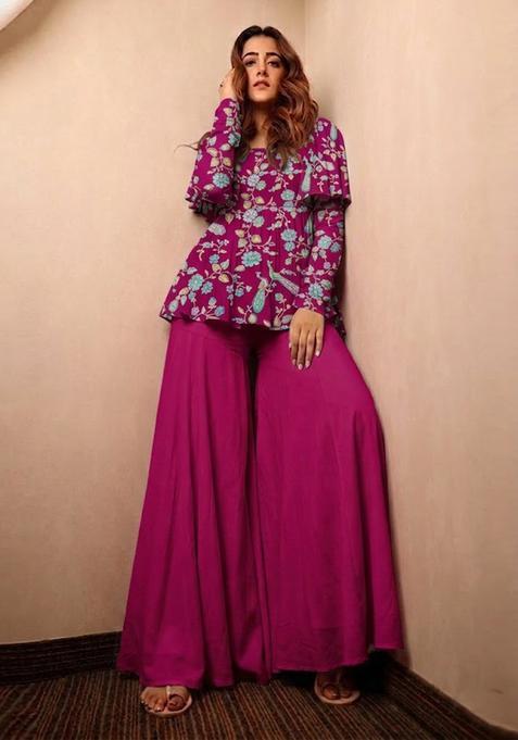 Dark Pink Printed Crepe Fusion Set