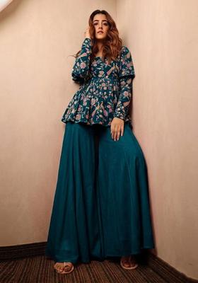 Teal Blue Printed Crepe Fusion Set