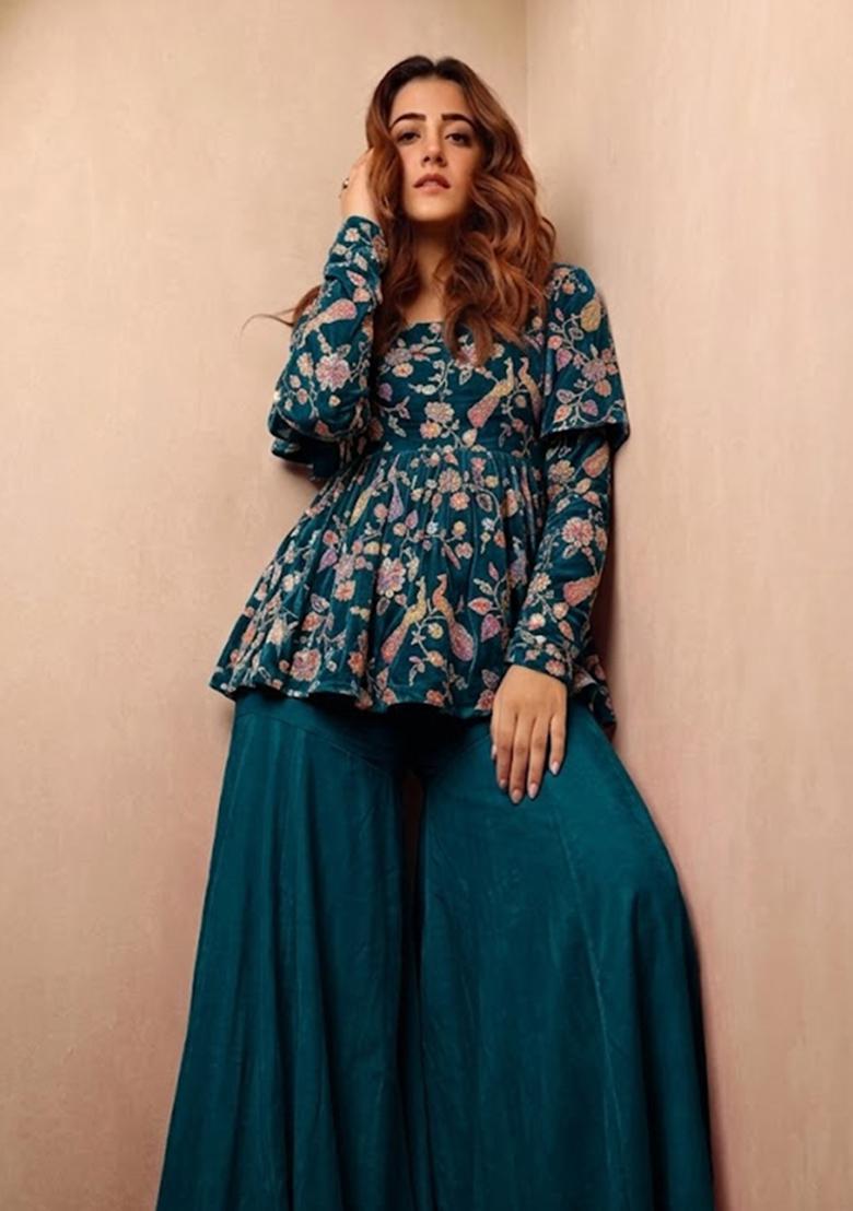 Teal Blue Printed Crepe Fusion Set - Indya