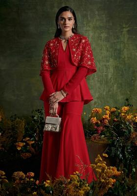 Crimson Red Embroidered Net Fusion Set