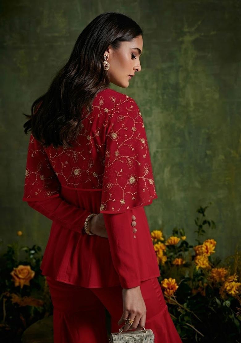Crimson Red Embroidered Net Fusion Set - Indya
