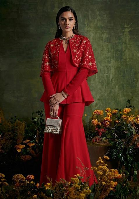 Crimson Red Embroidered Net Fusion Set