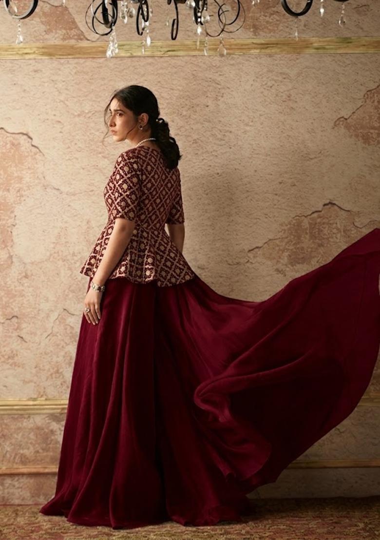 Maroon Printed Georgette Lehenga Set - Indya
