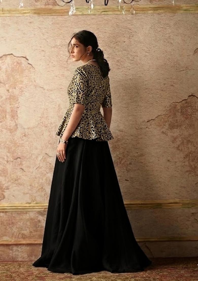 Black Printed Georgette Lehenga Set - Indya