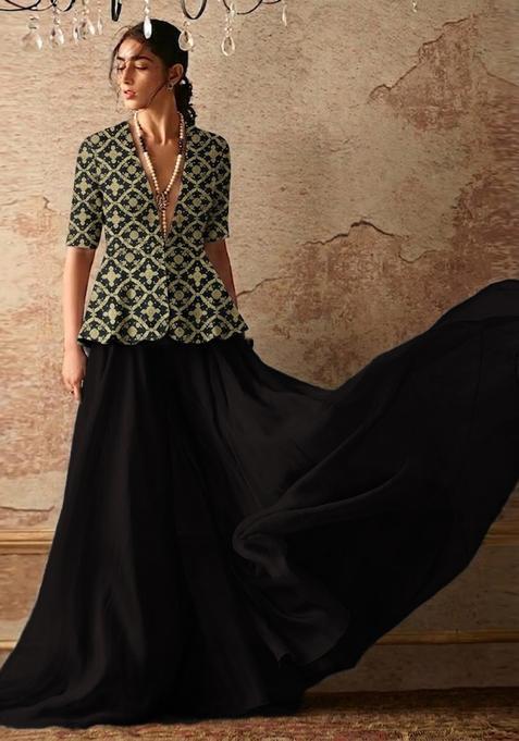 Black Printed Georgette Lehenga Set