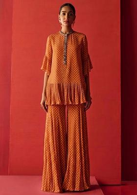 Mustard Orange Printed Crepe Fusion Set