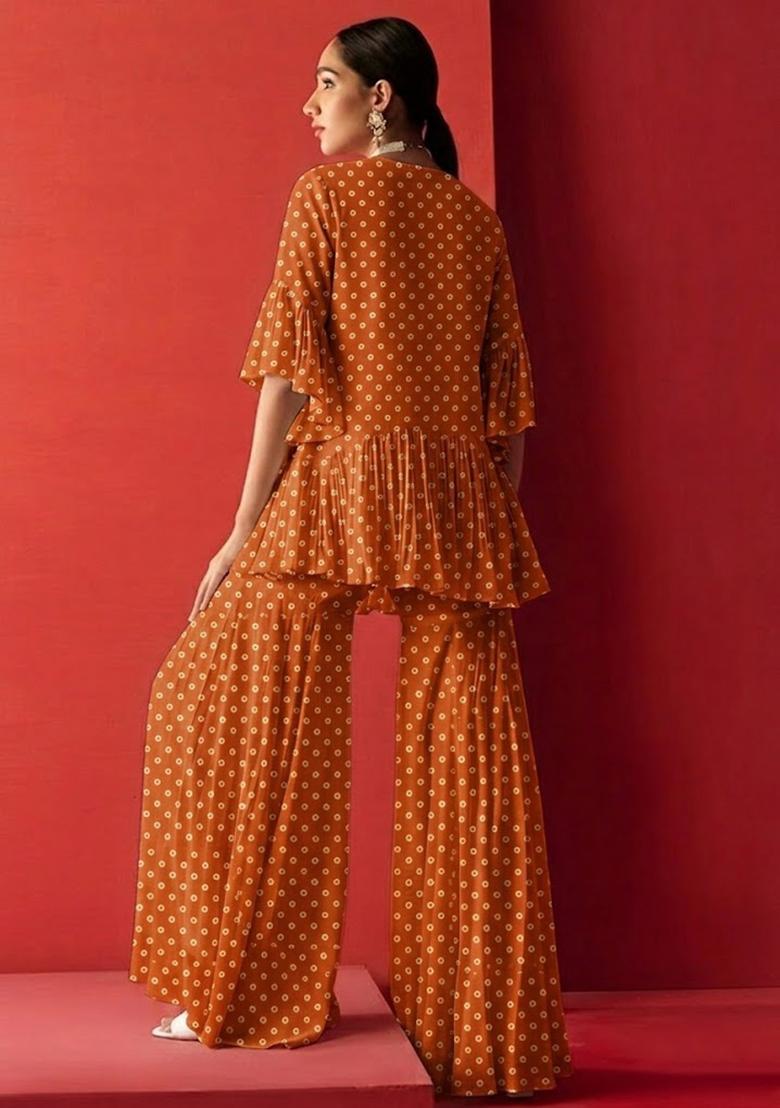 Mustard Orange Printed Crepe Fusion Set - Indya