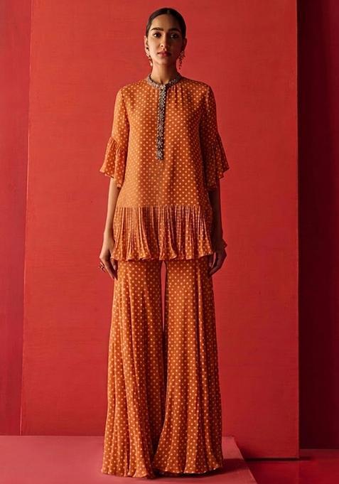 Mustard Orange Printed Crepe Fusion Set