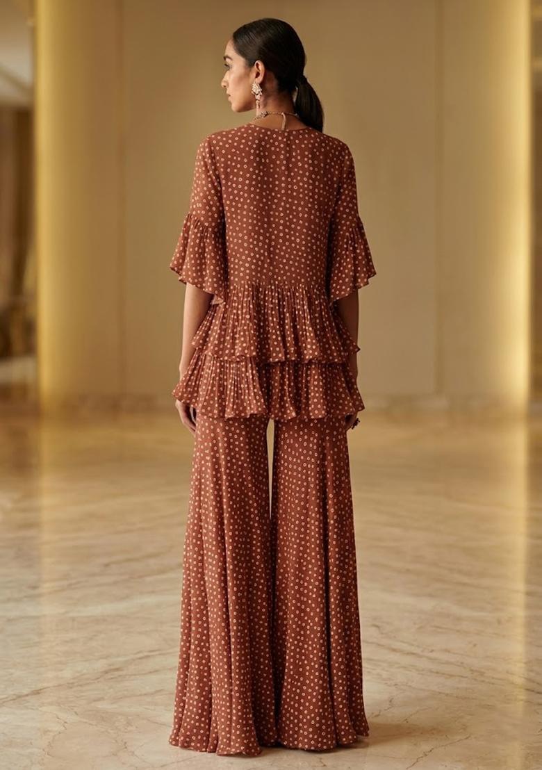Brown Printed Crepe Fusion Set - Indya